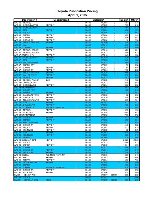 Dealer Publications Price List 0405