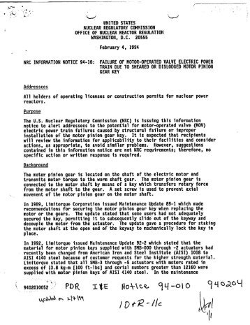 NRC Information Notice 1994-010: Failure of Motor-Operated Valve ...