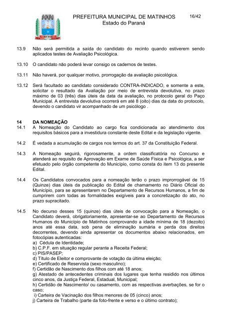 PREFEITURA MUNICIPAL DE MATINHOS Estado do Paraná