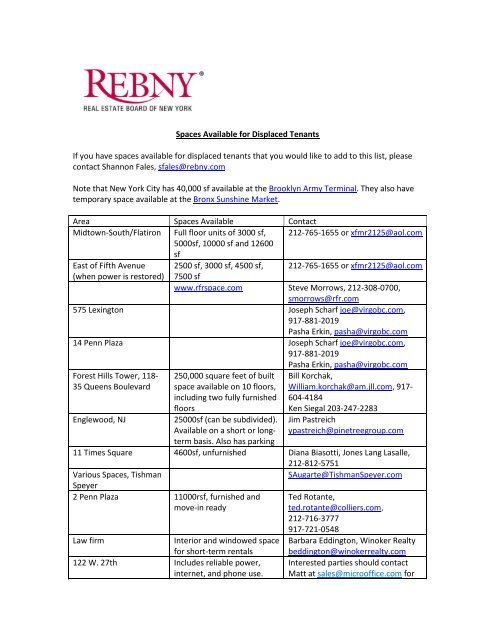Spaces Available For Displaced Tenants If You Have Spaces