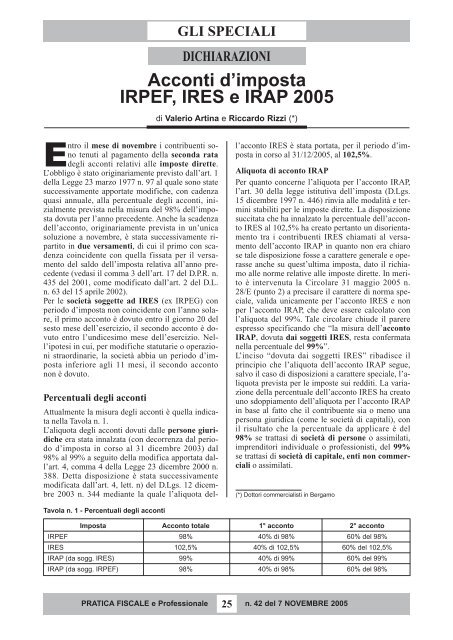 Acconti d'imposta IRPEF, IRES e IRAP 2005 - Dottrina e Diritto
