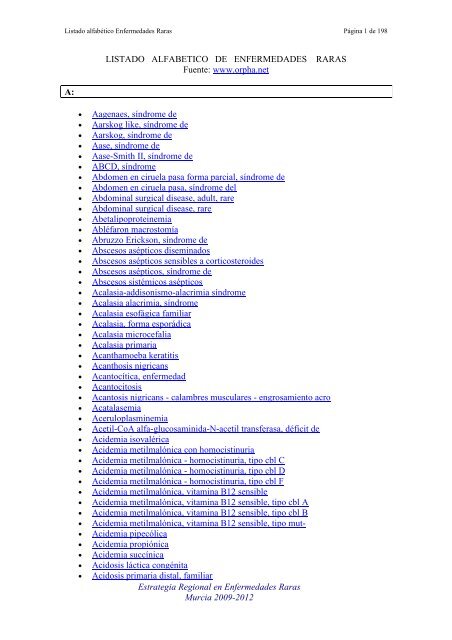 LIST ALFABETICO DE ENFERMEDADES RARAS - D'Genes