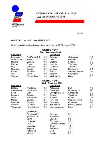 123/391 GARE DEL 20 - 21 E 22 DICEMBRE 2003 Si ... - Lega Pro