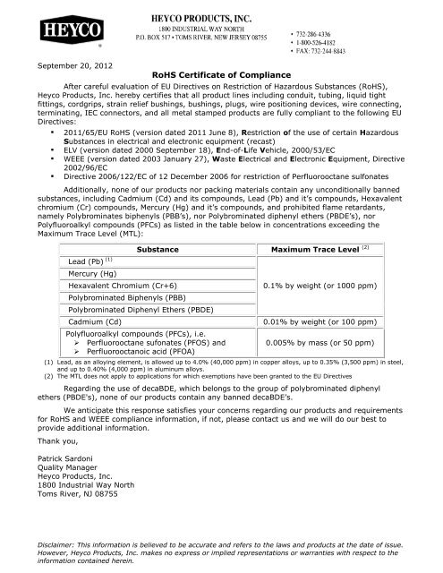 RoHS Certificate of Compliance - Heyco