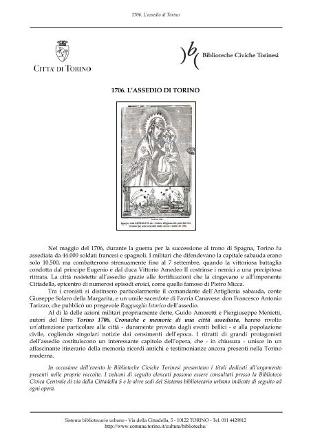 1706. L'ASSEDIO DI TORINO - Città di Torino