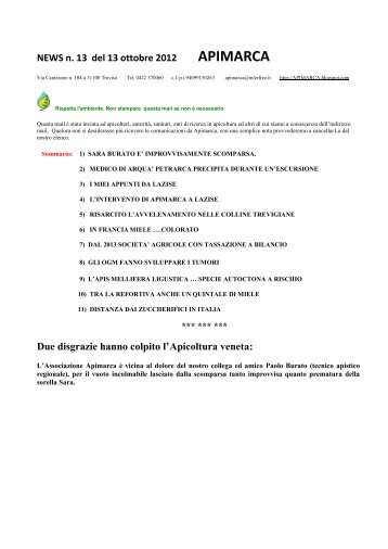 NEWS/2 ottobre 2012 APIMARCA - Apicoltura online