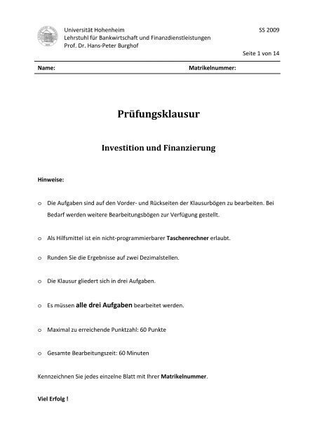 Klausur Aufgaben IuF SS09_V1.1 - Lehrstuhl für Bankwirtschaft ...