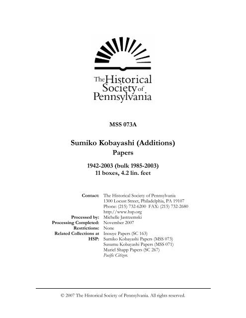 Sumiko Kobayashi (Additions) - Historical Society of Pennsylvania