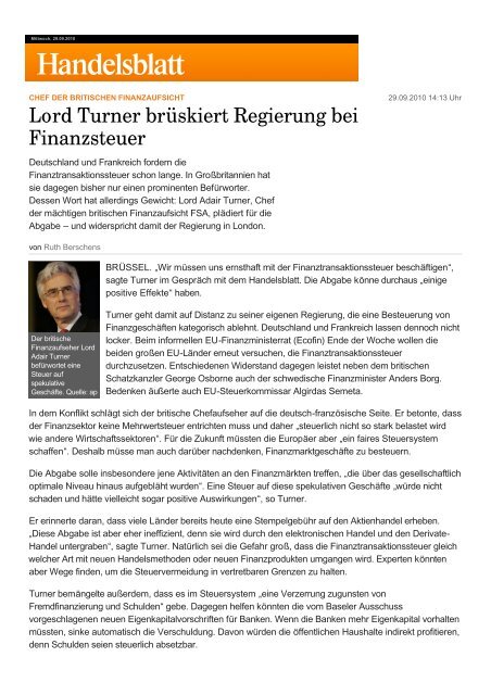 Lord Turner brüskiert Regierung bei Finanzsteuer - Steuer gegen ...