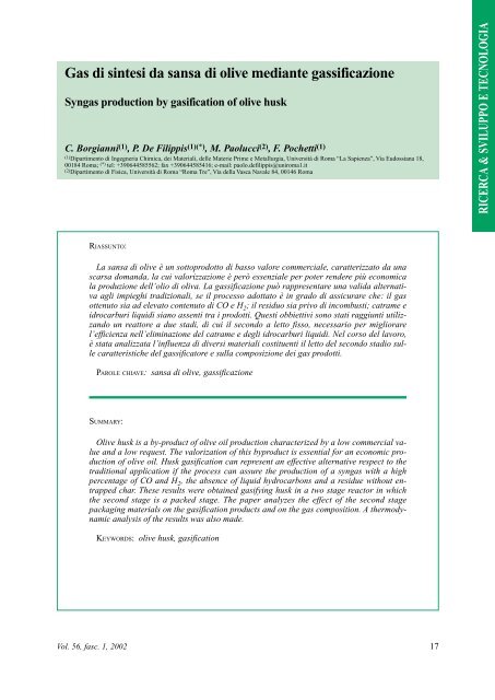 Gas di sintesi da sansa di olive mediante gassificazione Stazione