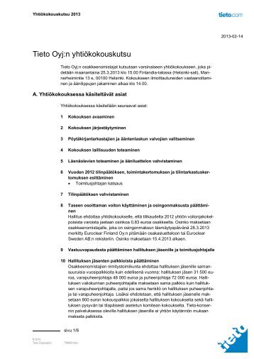 Tieto Oyj:n yhtiökokouskutsu