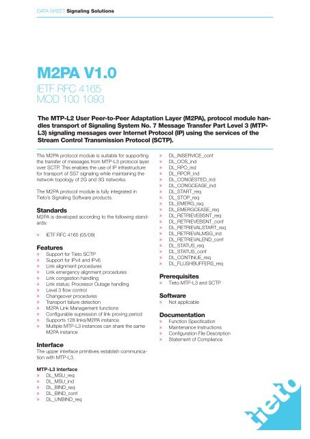 M2PA V1.0 - Tieto