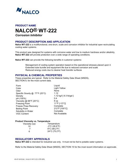 Nalco® wt-222 - Aquatech-vandbehandling.dk