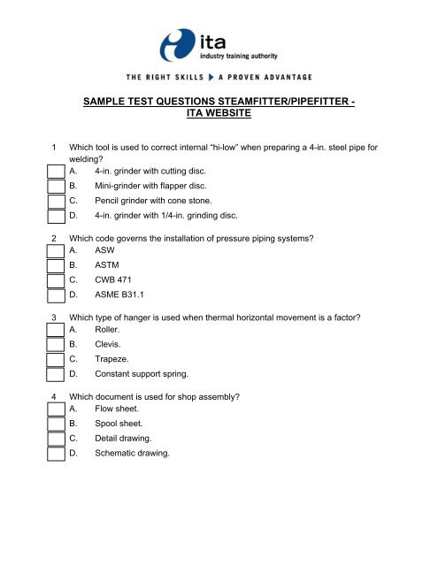 SAMPLE TEST QUESTIONS STEAMFITTER/PIPEFITTER - ITA ...