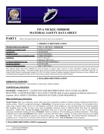 TIVA NICKEL-MIRROR MATERIAL SAFETY DATA SHEET - Cohler ...