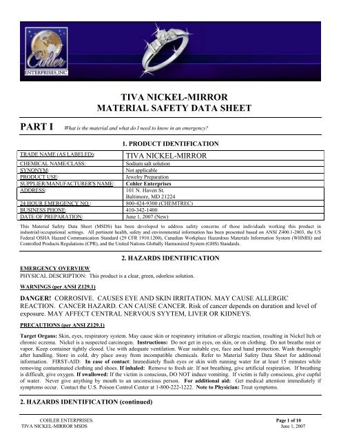 TIVA NICKEL-MIRROR MATERIAL SAFETY DATA SHEET - Cohler ...