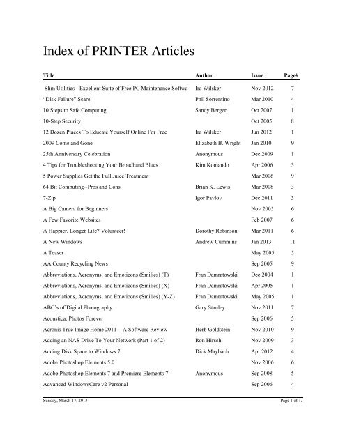 Index of PRINTER Articles - Chesapeake PC Users Group