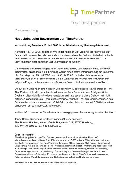 Pressemeldung Neue Jobs beim Bewerbertag von TimePartner