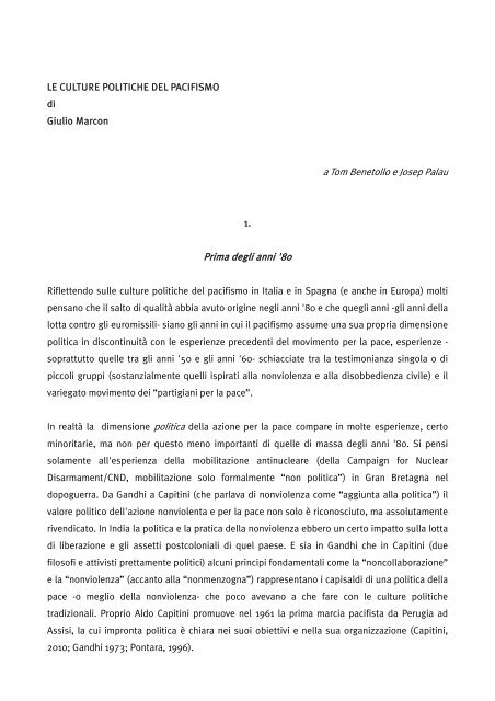 Le culture politiche del pacifismo - Giulio Marcon