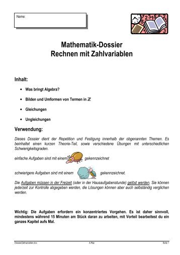 Mathematik-Dossier Rechnen mit Zahlvariablen