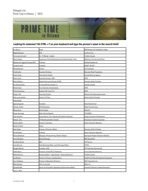 Delegate List Prime Time in Ottawa - Canadian Film and Television ...