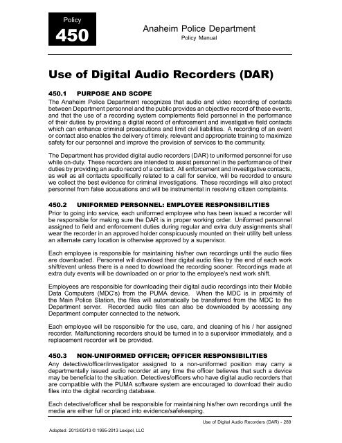 Policy 450 - Use of Digital Audio Recorders (DAR) - City of Anaheim