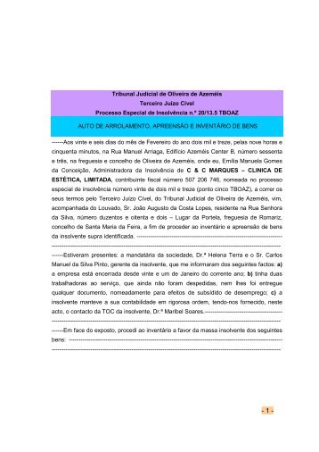 Tribunal Judicial de Oliveira de Azeméis Terceiro ... - Insolvências