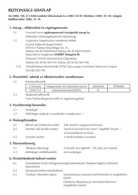 biztonsági adatlap - Sakret Hungária Bt.