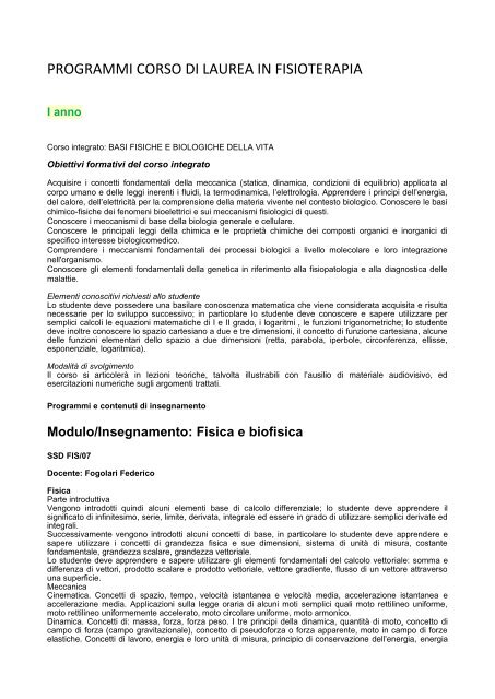 Programmi Fisioterapia insegnamenti offerti a.a. 2012/2013