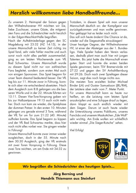 Hallenheft Nr. 2 Altenholz gegen Wilhelmshavener HV - TSV-Altenholz
