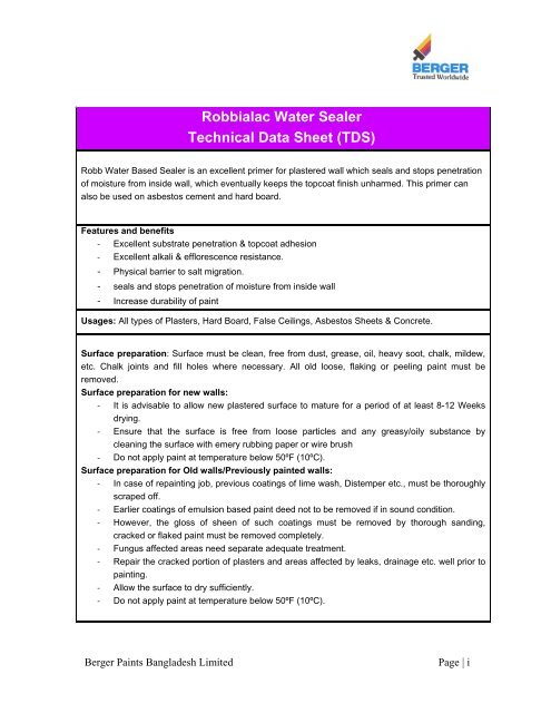 Robbialac Water Sealer Technical Data Sheet Tds Berger Paints