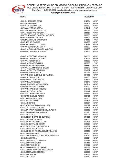 Clique aqui para obter a Nominata dos profissionais na ... - Cref SP