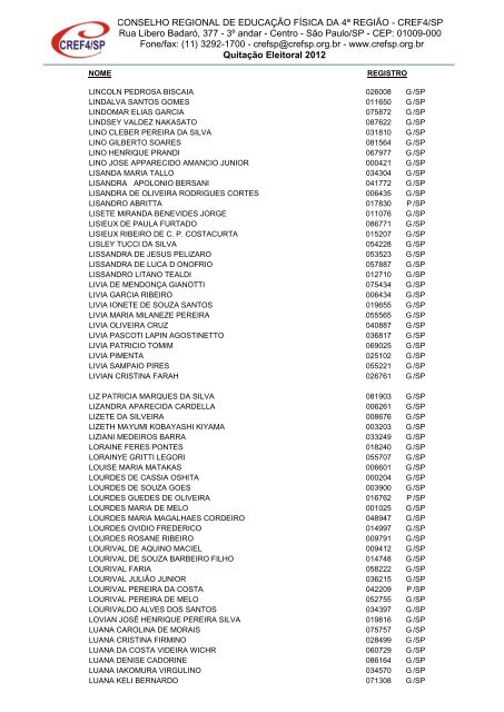 Clique aqui para obter a Nominata dos profissionais na ... - Cref SP