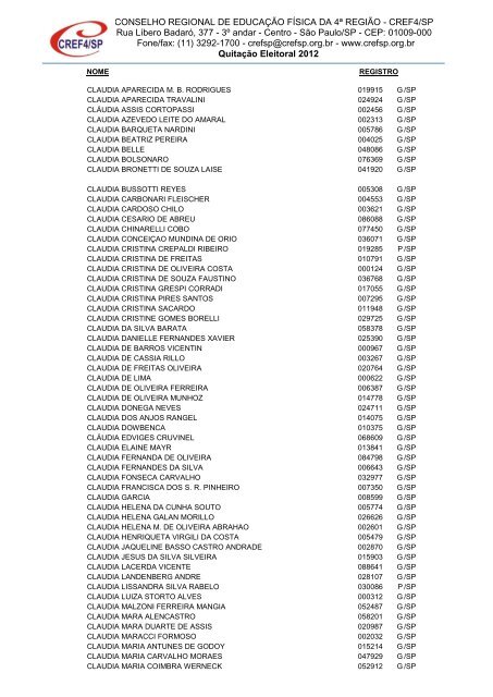 Clique aqui para obter a Nominata dos profissionais na ... - Cref SP