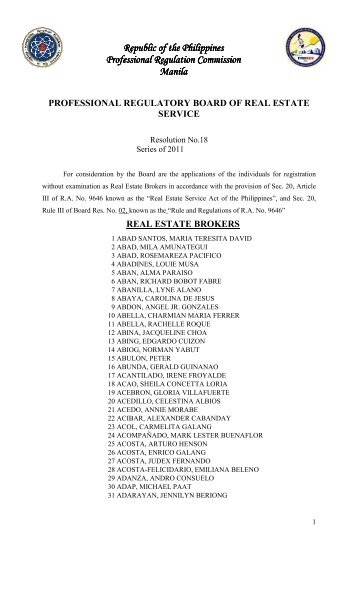 PRBRES Resolution No. 18 (brokers) dated September 23, 2011