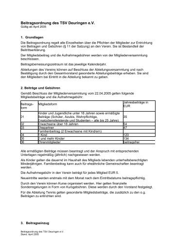 Beitragsordnung des TSV Deuringen e - beim TSV Deuringen