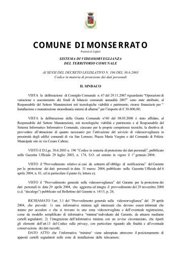 Informativa Comune di Monserrato su sistema videosorveglianza