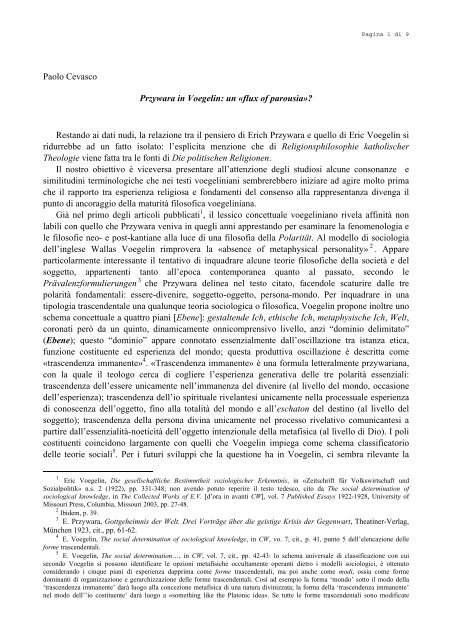 Paolo Cevasco Przywara in Voegelin: un «flux of ... - PoliticaMente