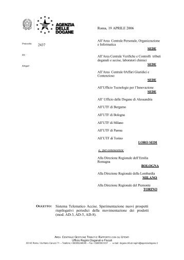 Nota n° 2437 del 19.04.2006 - Assistenza Agenzia delle Dogane