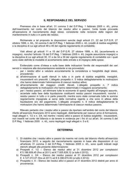 D13-2013 RIACCERTAMENTO RESIDUI ATTIVI E PASSIVI C.C. 2012