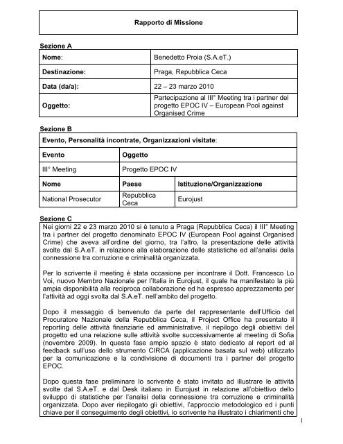 Rapporto di Missione Sezione A Nome: Benedetto Proia (S.A.eT ...