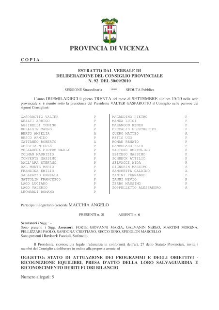 all 5 delibera riequilibrio del bilancio 2010 - Provincia di Vicenza