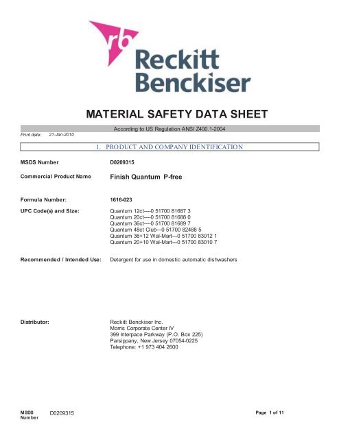 material safety data sheet - Reckitt Benckiser North America Product ...