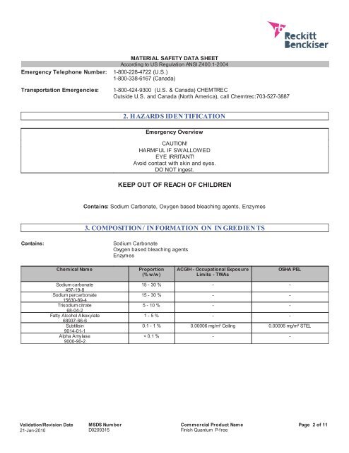 material safety data sheet - Reckitt Benckiser North America Product ...