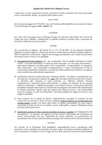 Appello dei Giuristi sul Collegato Lavoro - Associazione per i diritti ...