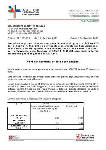 Verbale apertura offerte economiche - ASL CN1