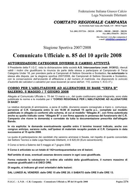 Comunicato Ufficiale n. 85 del 10 aprile 2008 - Informacalcio.it