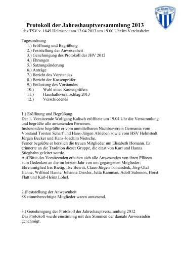 Protokoll der Jahreshauptversammlung 2013 - TSV-Helmstedt