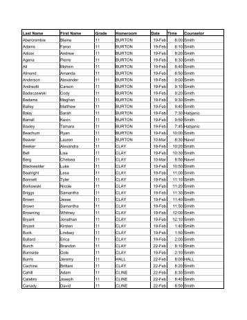 Last Name First Name Grade Homeroom Date Time Counselor ...