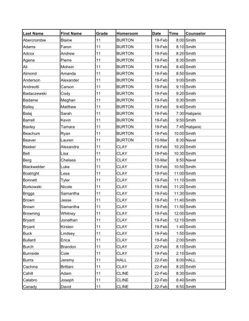 Last Name First Name Grade Homeroom Date Time Counselor ...